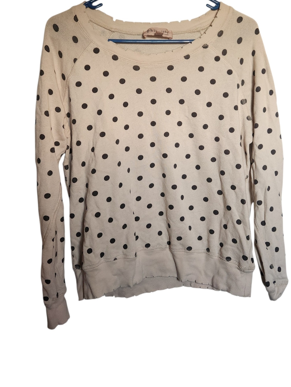 Philosophy Beige Sweat Shirt with Black Polka Dots Distressed Collar And Hem XS